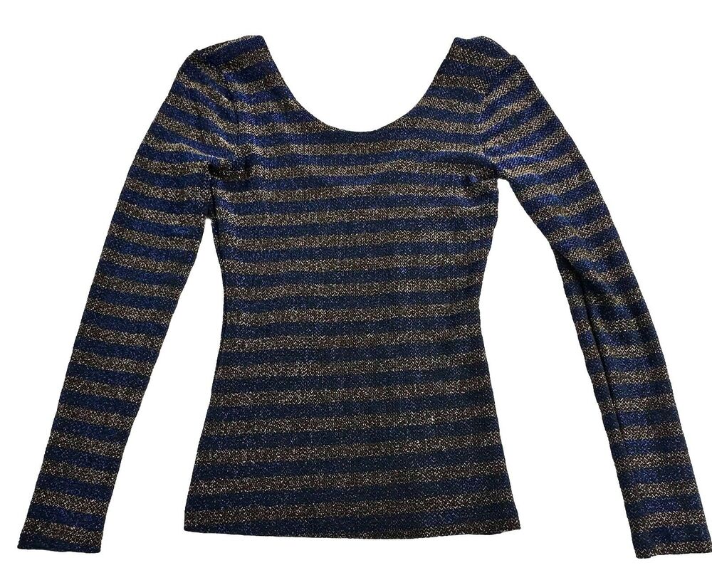 Sparkle & Fade Women’s Blue Gold Glitter Striped Long Sleeve Top Stretch Small